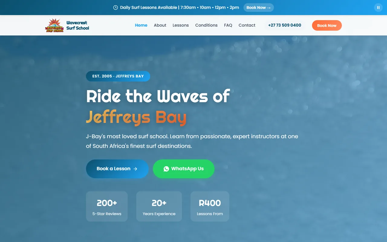 Wavecrest Surf School website on a laptop: the homepage with a Book a Lesson button